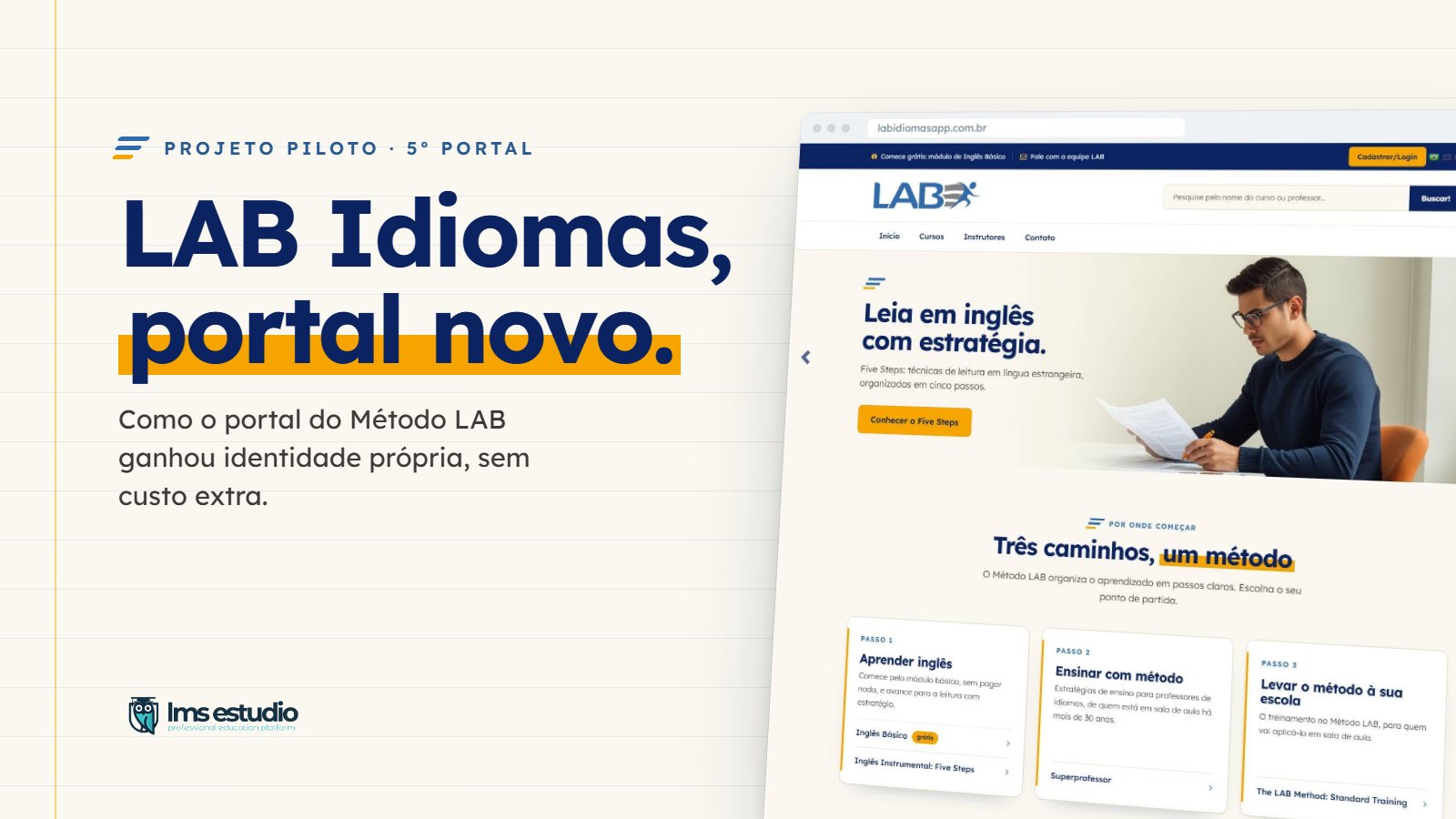 Antes e depois: o portal novo do LAB Idiomas, com cara de livro do método