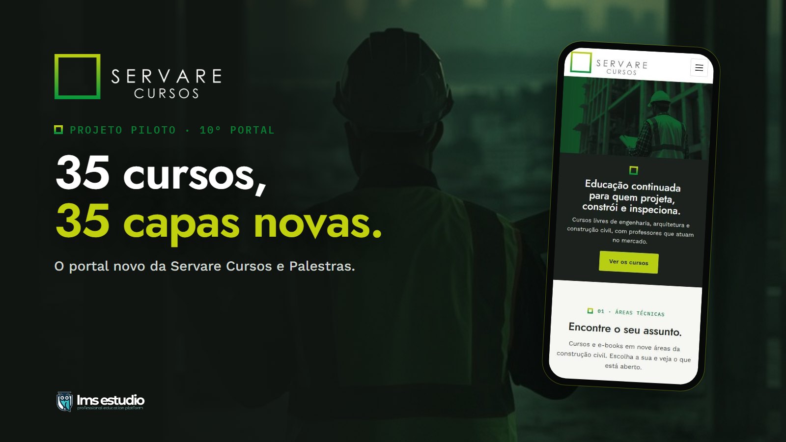Antes e depois: o portal novo da Servare Cursos e Palestras, desenhado como uma prancha técnica