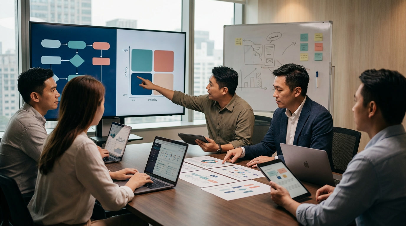 Equipe em reunião estratégica sobre priorização, processo e implementação de IA