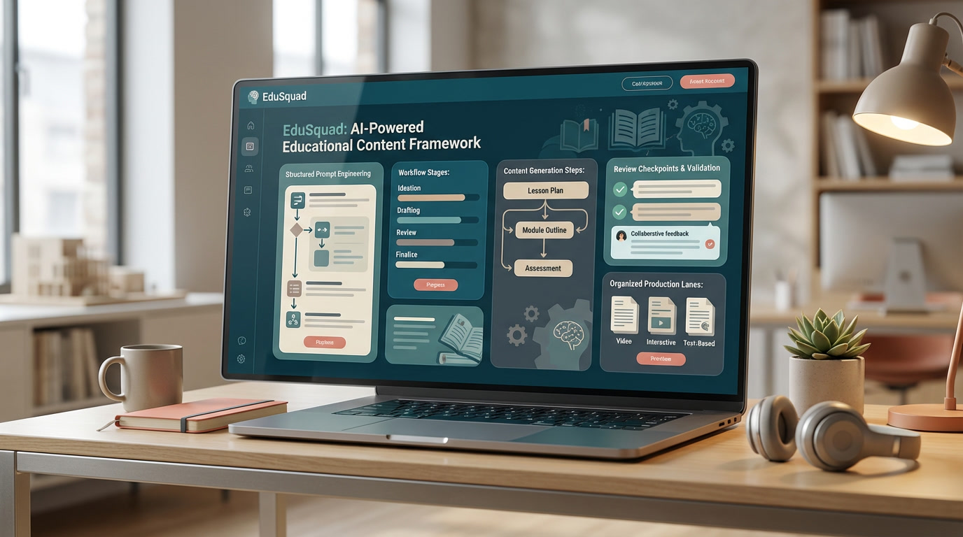 Mockup ilustrativo do EduSquad com fluxo estruturado de produção educacional com IA