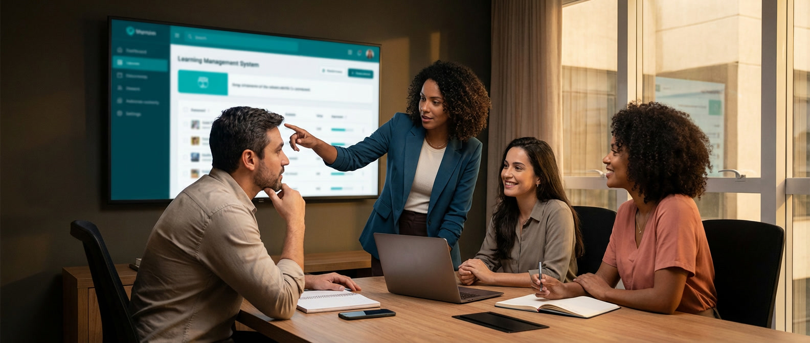 Equipe em reunião estratégica sobre plataforma educacional e operações de aprendizagem digital
