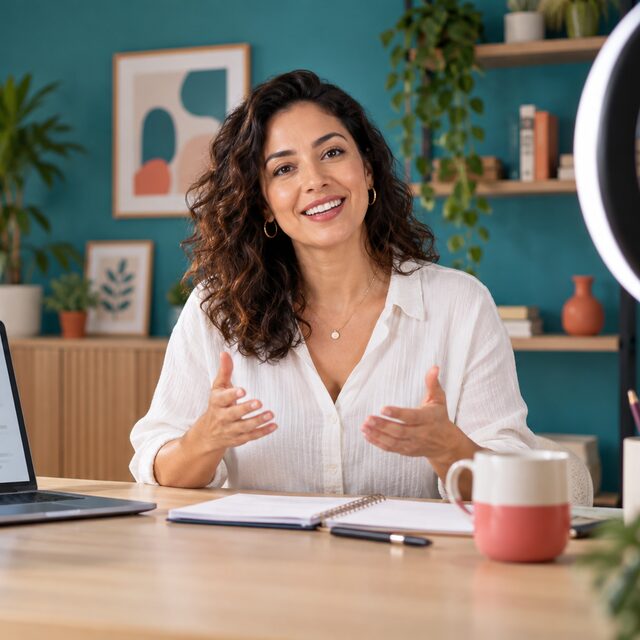 Professora gravando uma aula online no seu estúdio em casa