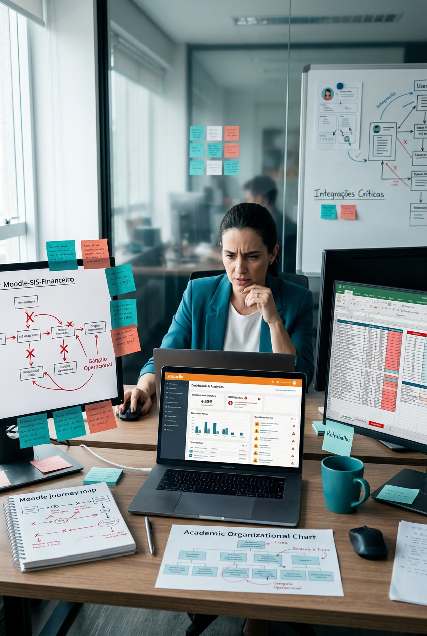 Cenário de operação Moodle com fluxos, integrações e pressão operacional em um ambiente educacional corporativo