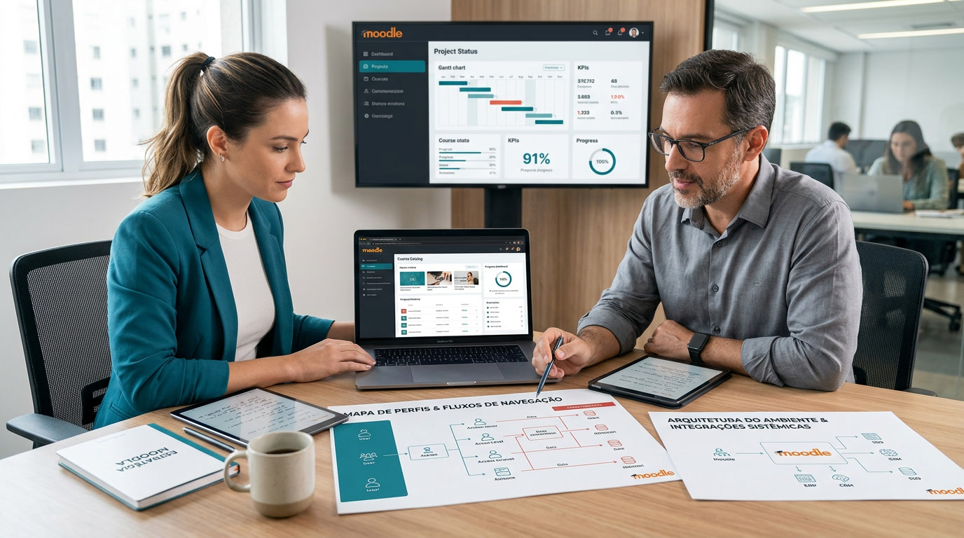 Planejamento visual de um projeto Moodle com estratégia do ambiente, interface, integrações e continuidade técnica
