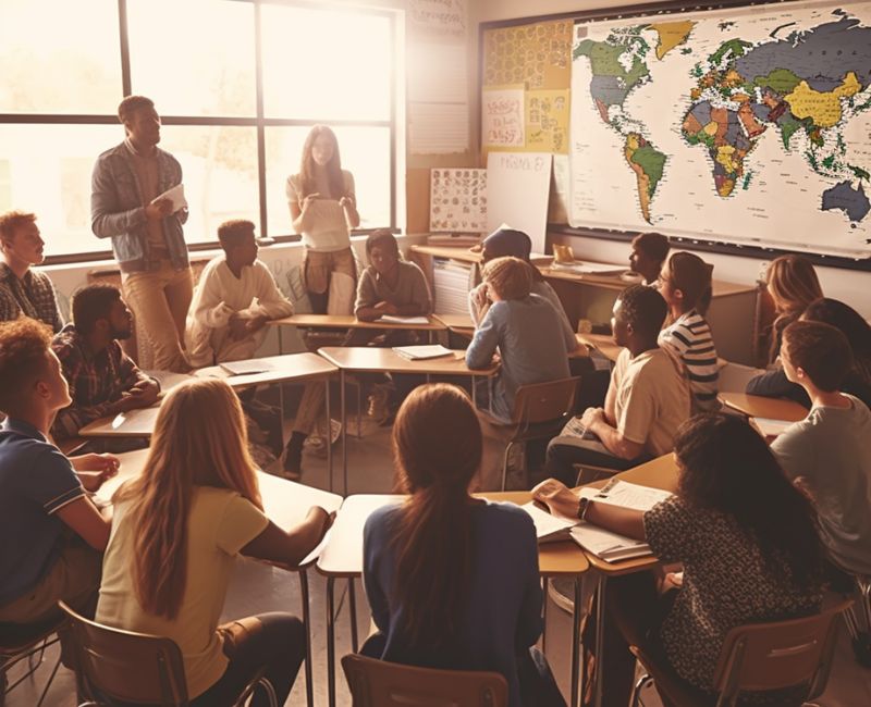 Ilustração de educadores e alunos em sala de aula