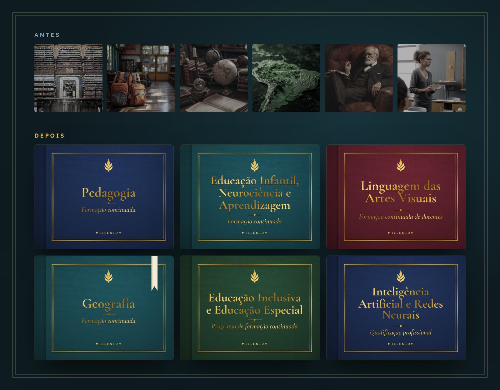 Capas dos cursos do Grupo Millenium antes e depois