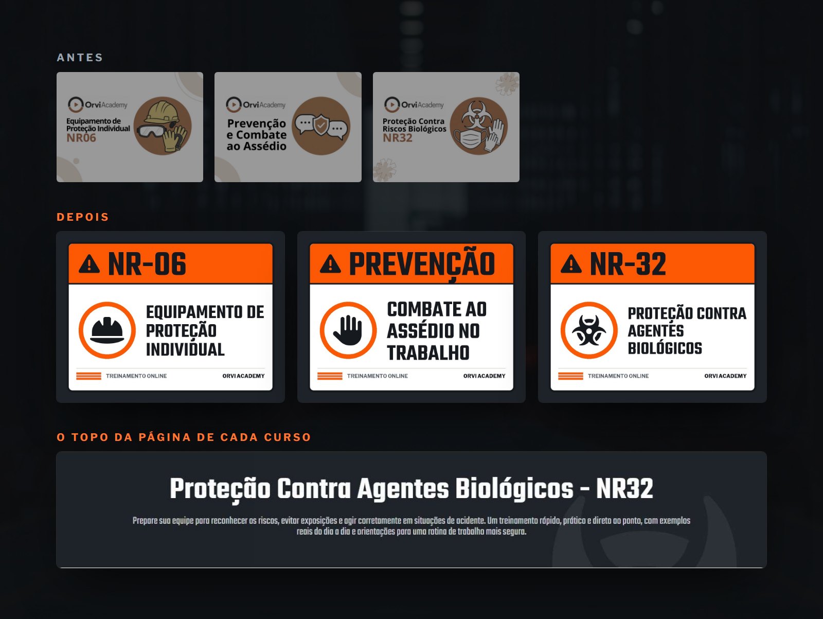 Capas dos cursos da ORVI Academy antes e depois, e o topo da página do curso