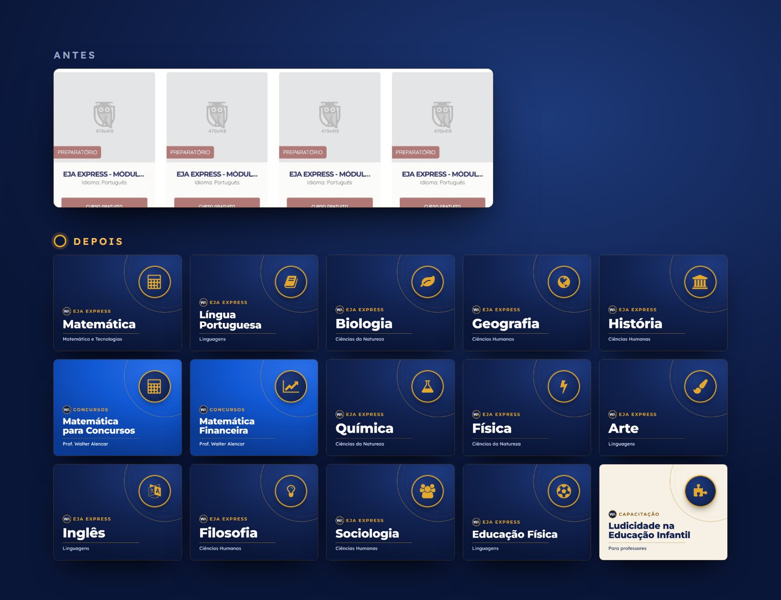 Capas dos cursos dos Cursos Walter Alencar antes e depois