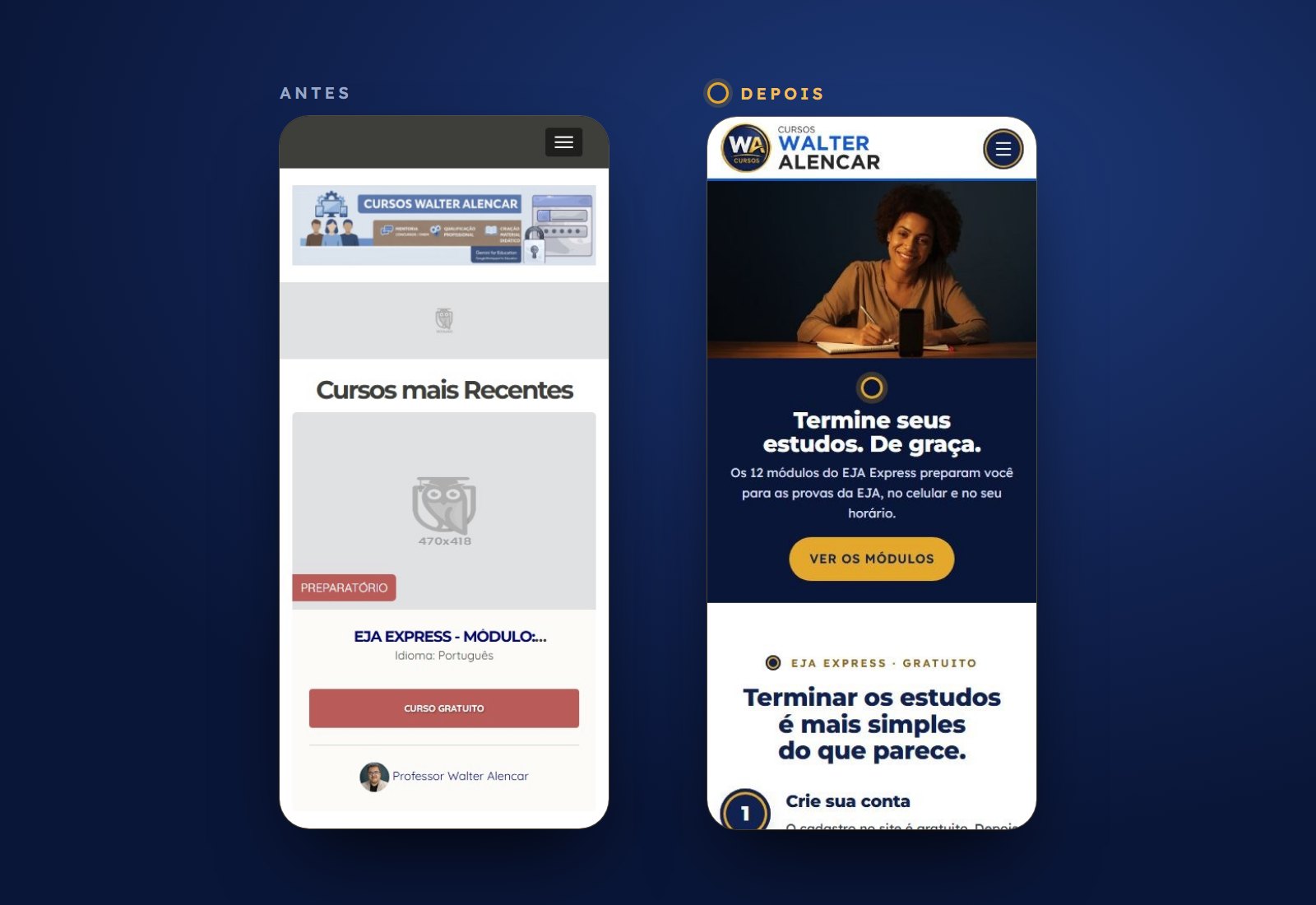 Portal dos Cursos Walter Alencar no celular, antes e depois