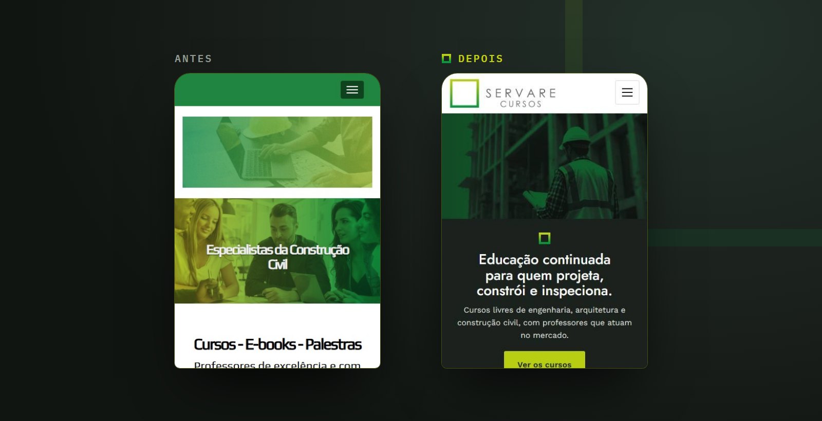 Portal da Servare no celular, antes e depois