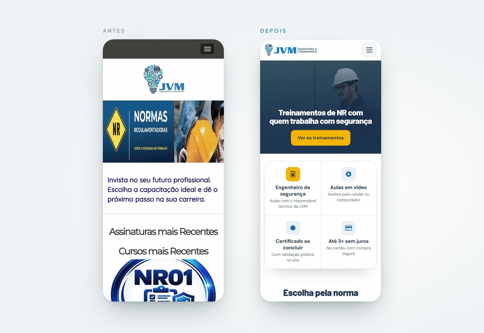 Portal da JVM Engenharia no celular, antes e depois