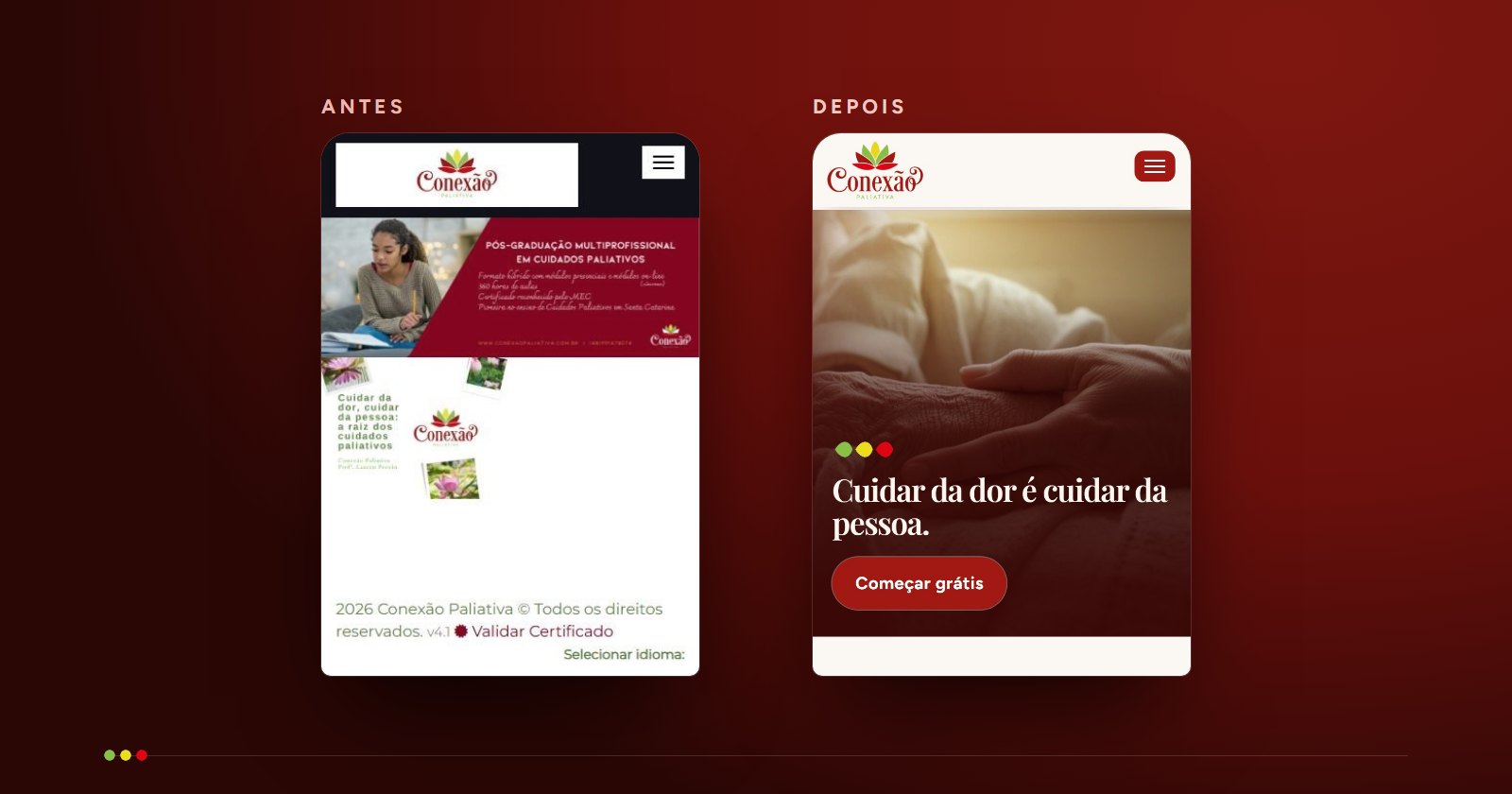 Portal da Conexão Paliativa no celular, antes e depois
