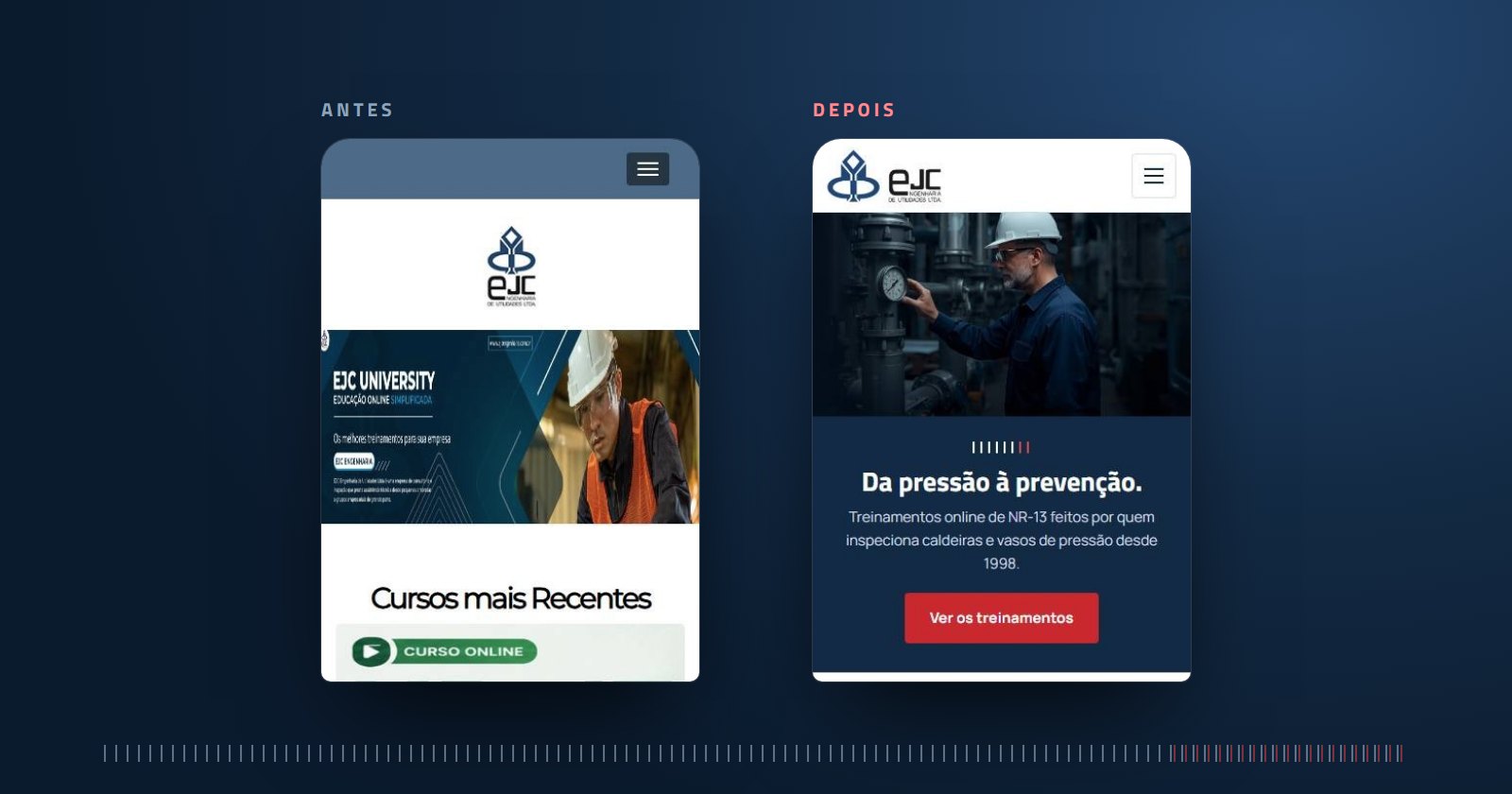 Portal da EJC University no celular, antes e depois