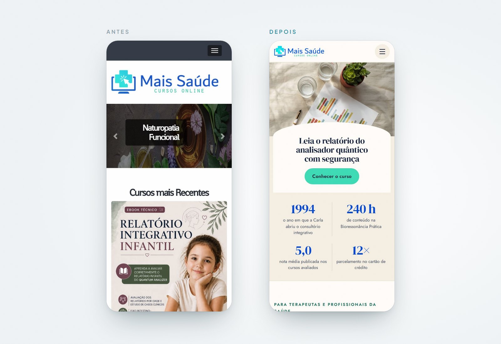Portal da Mais Saúde Cursos no celular, antes e depois