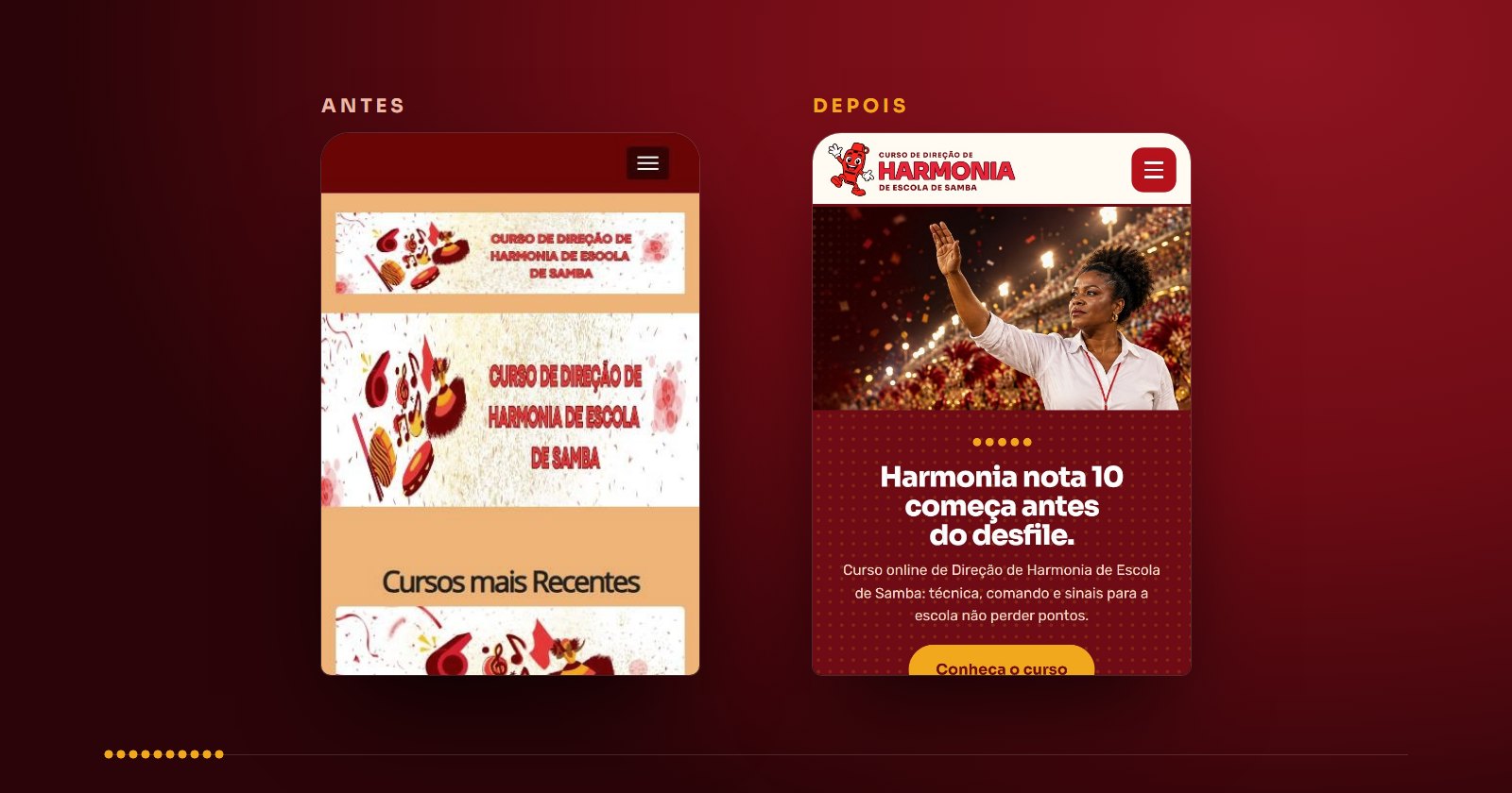 Portal do Curso de Harmonia no celular, antes e depois