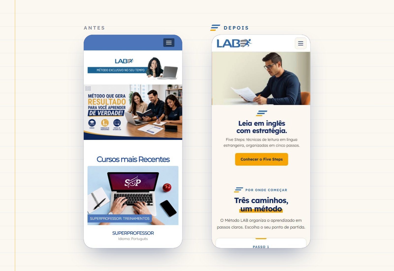 Portal do LAB Idiomas no celular, antes e depois