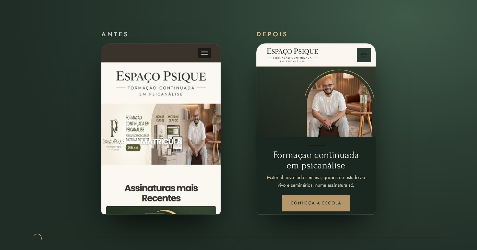 Portal do Espaço Psique no celular, antes e depois
