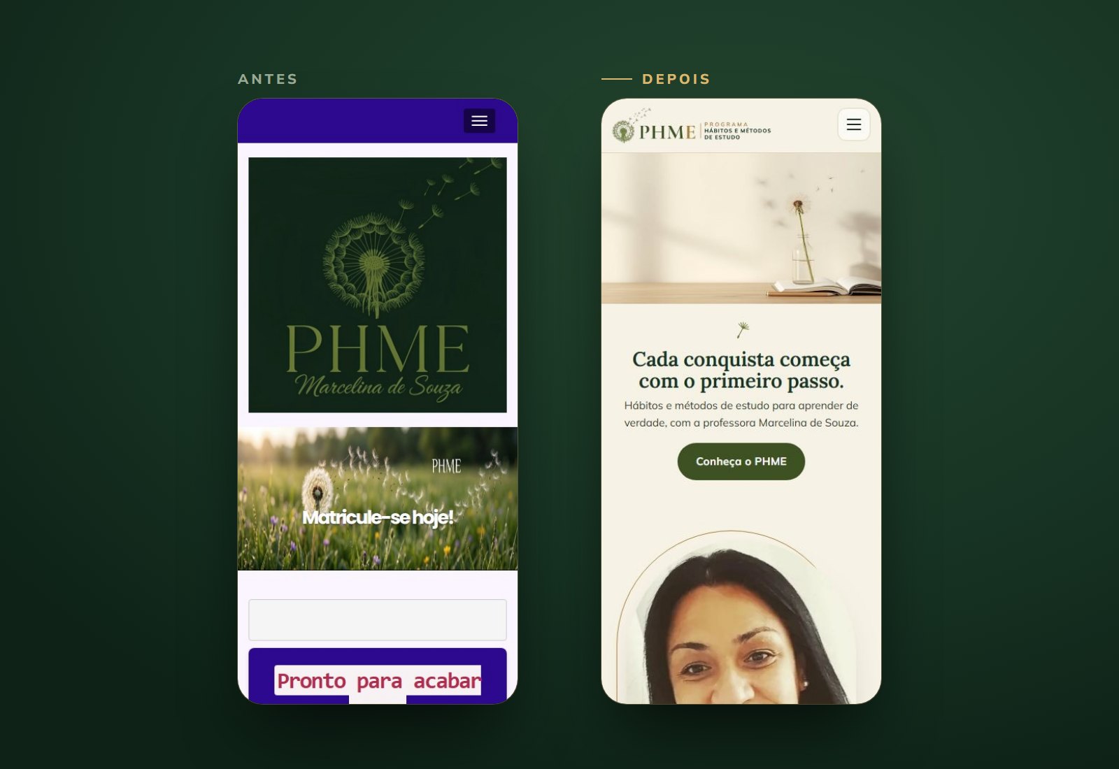 Portal do PHME no celular, antes e depois