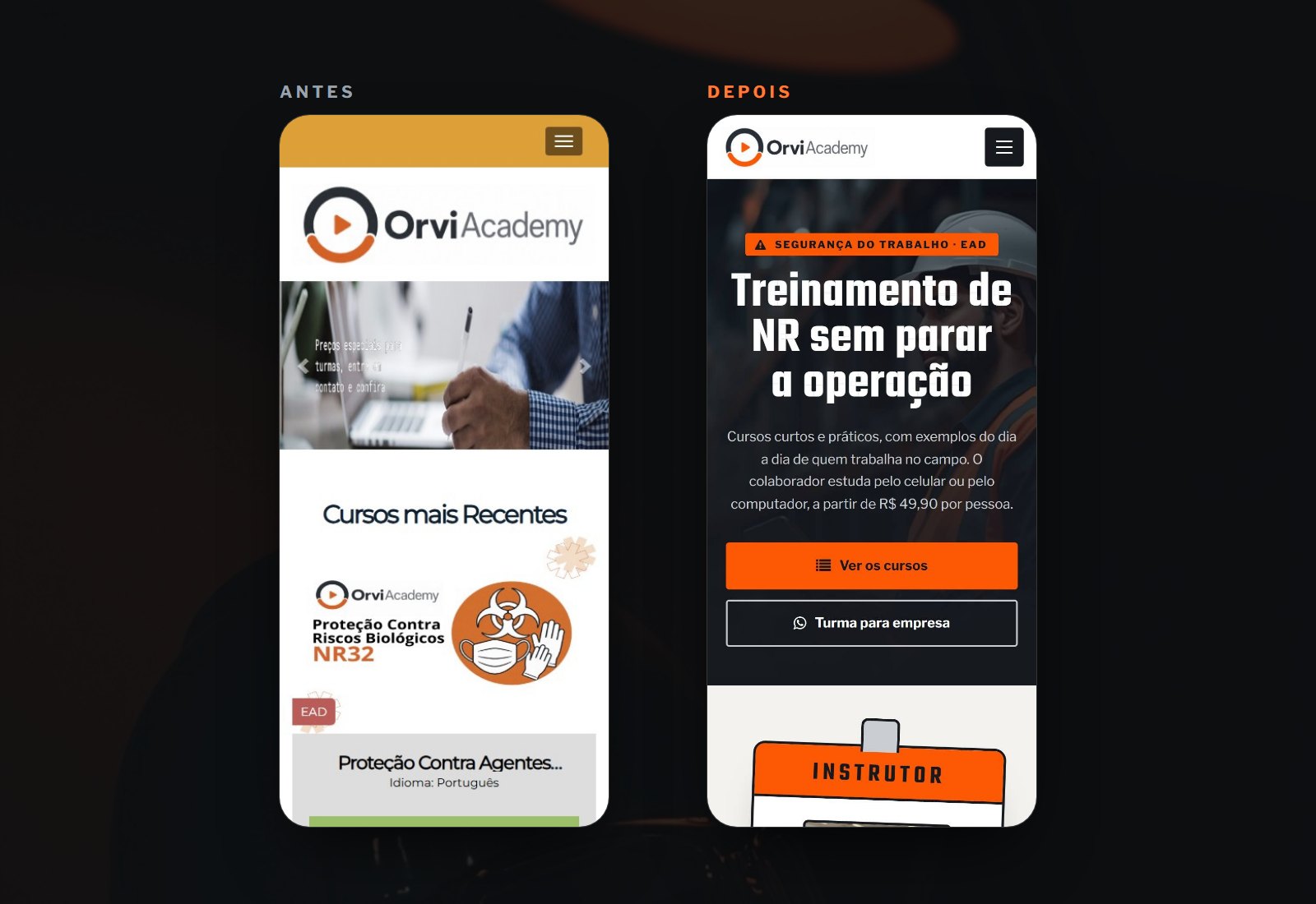 Portal da ORVI Academy no celular, antes e depois