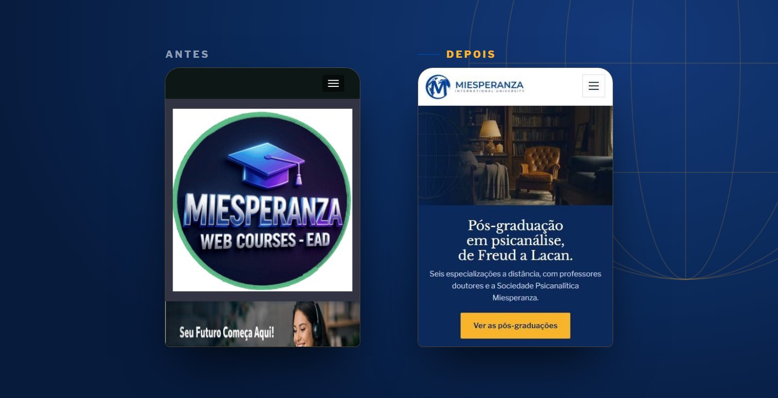 Portal da Miesperanza no celular, antes e depois