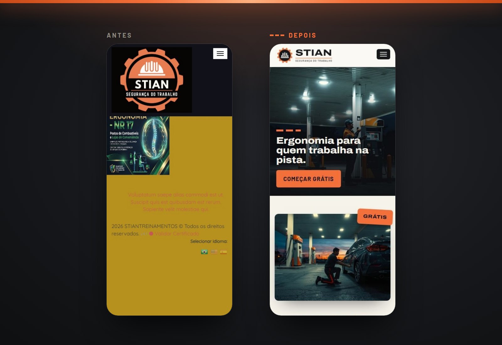 Portal da STIAN no celular, antes e depois