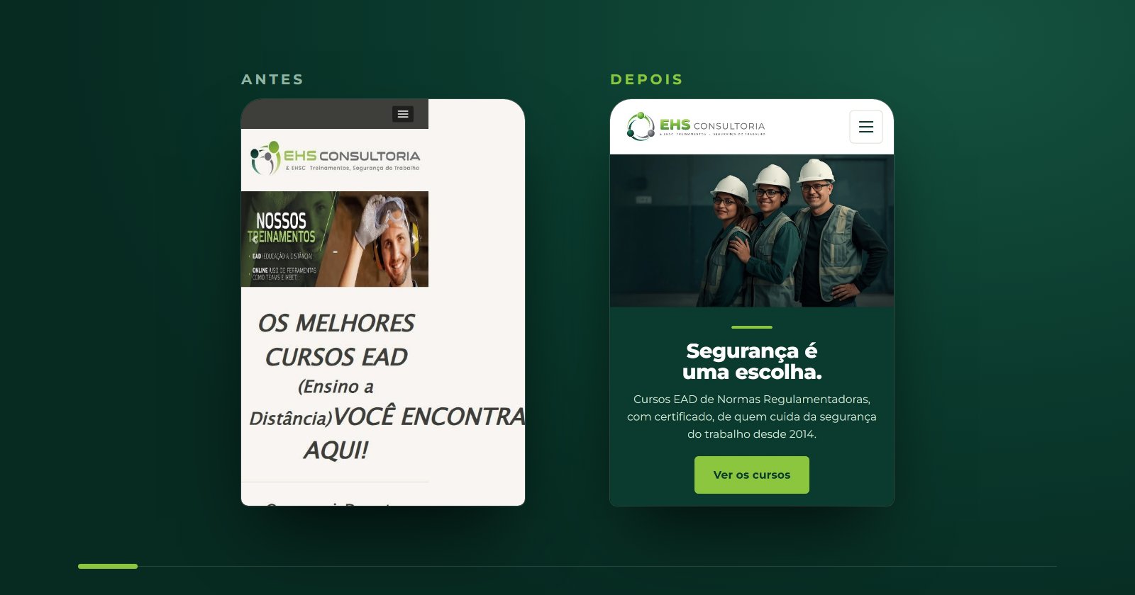 Portal da EHS Consultoria no celular, antes e depois