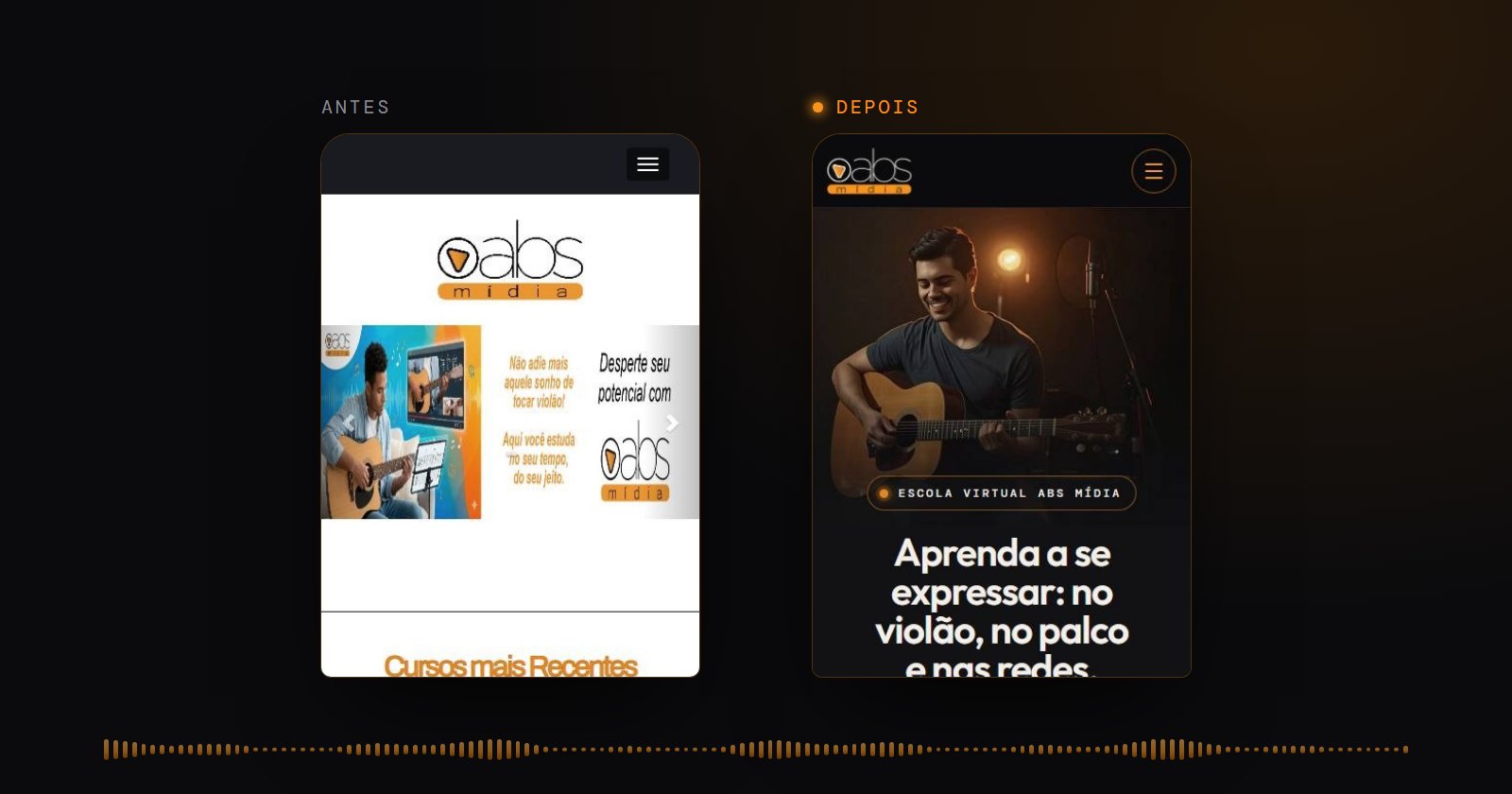 Portal da ABS Mídia no celular, antes e depois