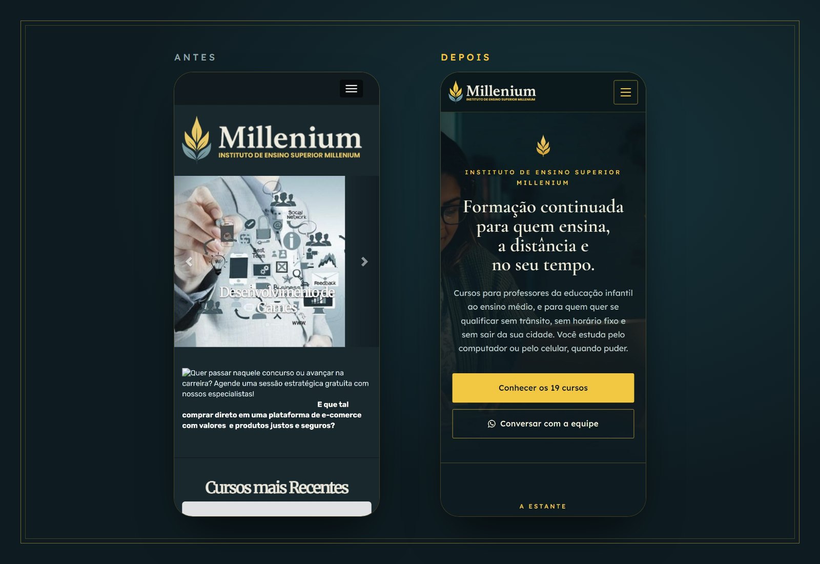 Portal do Grupo Millenium no celular, antes e depois