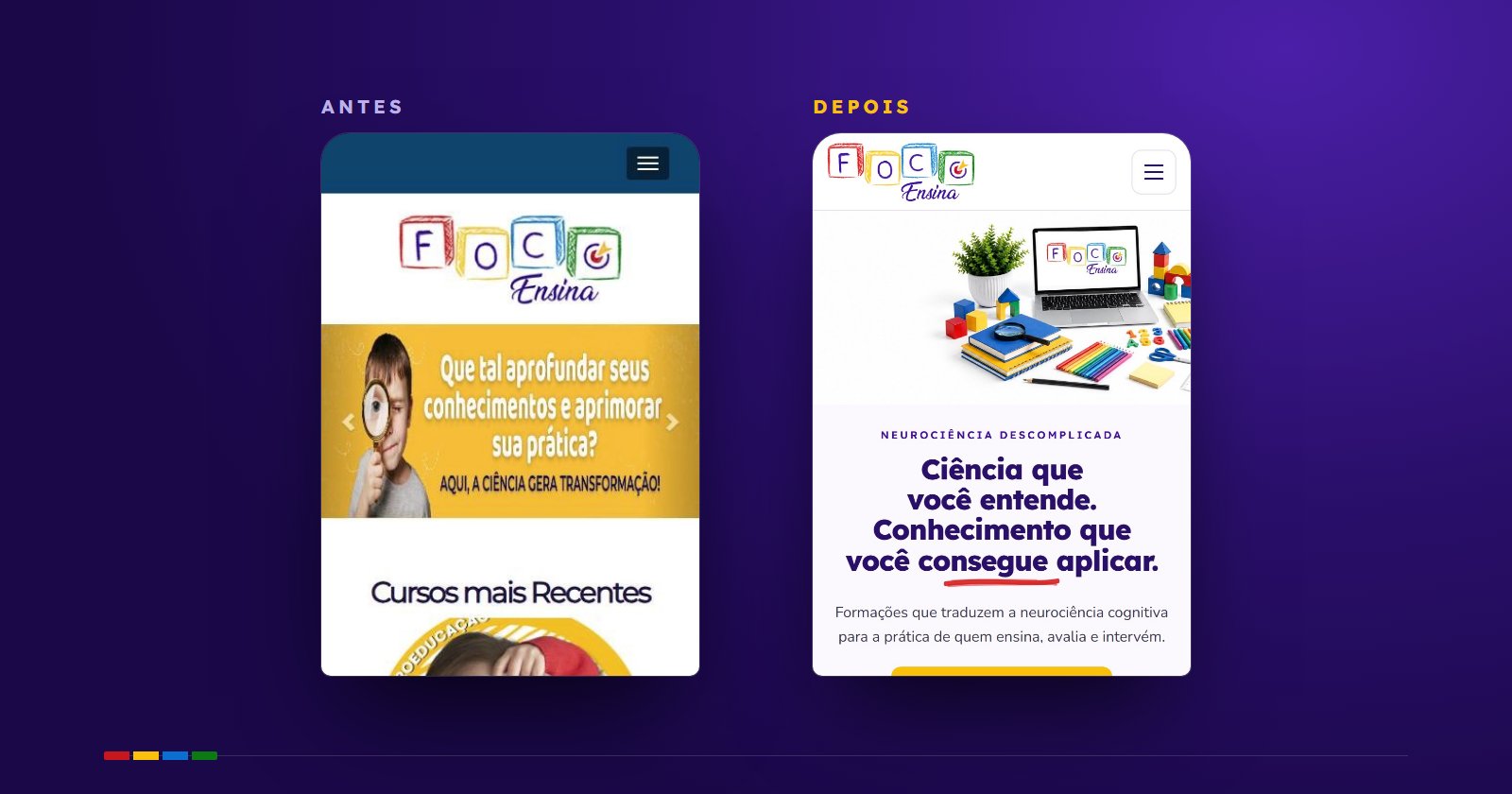Portal da FocoEnsina no celular, antes e depois