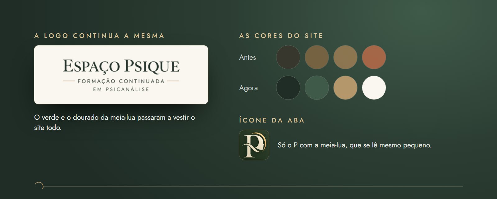 A logo do Espaço Psique, as cores do site antes e depois e o novo ícone da aba