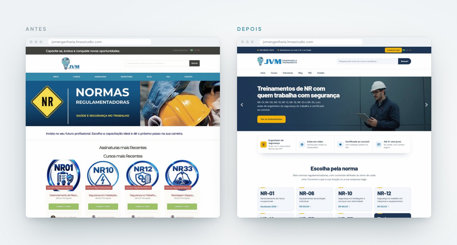 Página inicial do portal da JVM Engenharia antes e depois, no computador