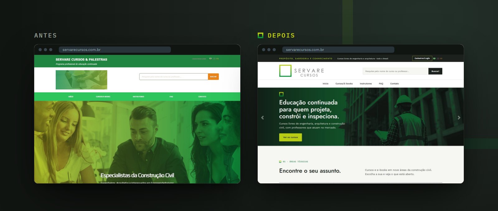 O topo do portal da Servare antes e depois, no computador