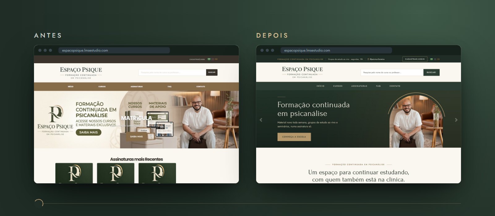 O topo do portal do Espaço Psique antes e depois, no computador
