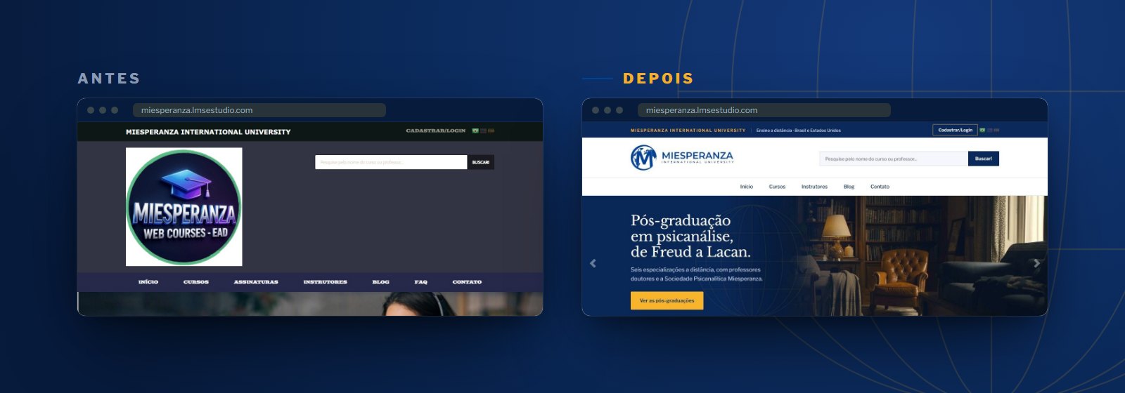 O topo do portal da Miesperanza antes e depois, no computador