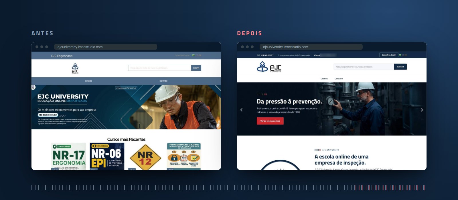 O topo do portal da EJC University antes e depois, no computador