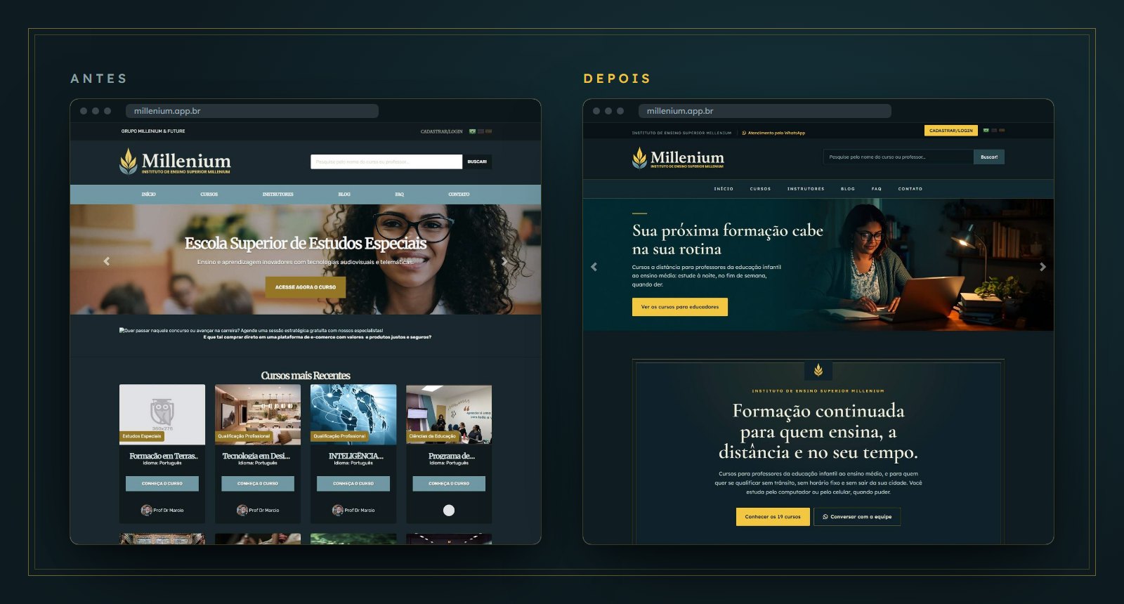 Página inicial do portal do Grupo Millenium antes e depois, no computador