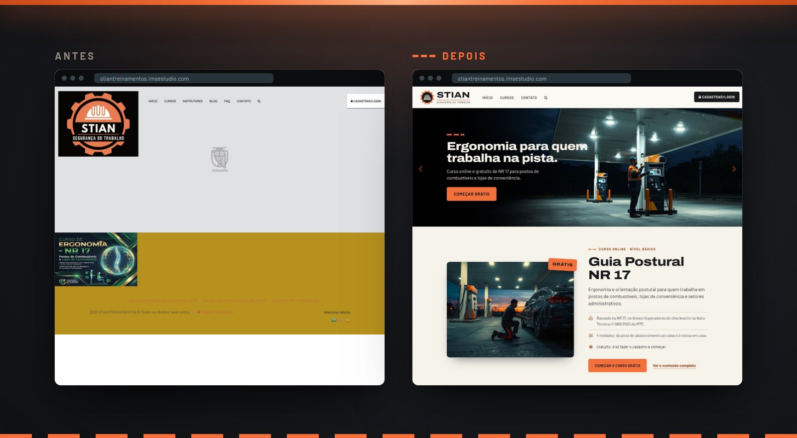 Página inicial da STIAN Segurança do Trabalho antes e depois, no computador