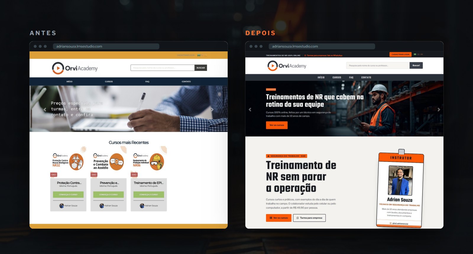 Página inicial do portal da ORVI Academy antes e depois, no computador