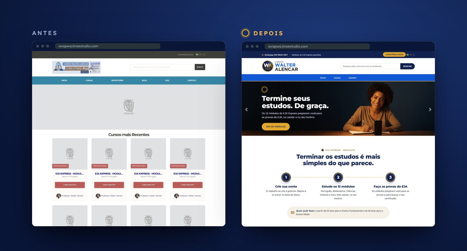 Página inicial dos Cursos Walter Alencar antes e depois, no computador