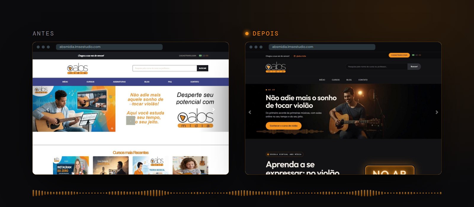 O topo do portal da ABS Mídia antes e depois, no computador