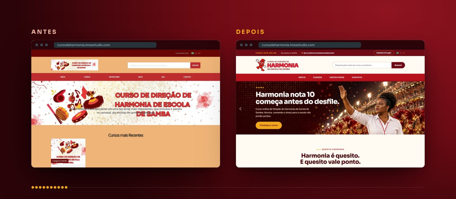 O topo do portal do Curso de Harmonia antes e depois, no computador