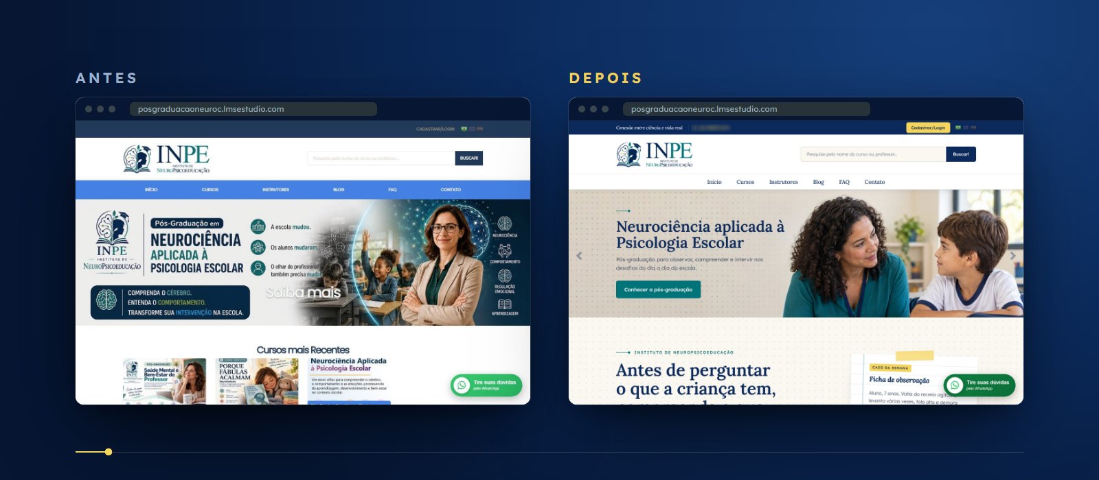 O topo do portal do INPE antes e depois, no computador