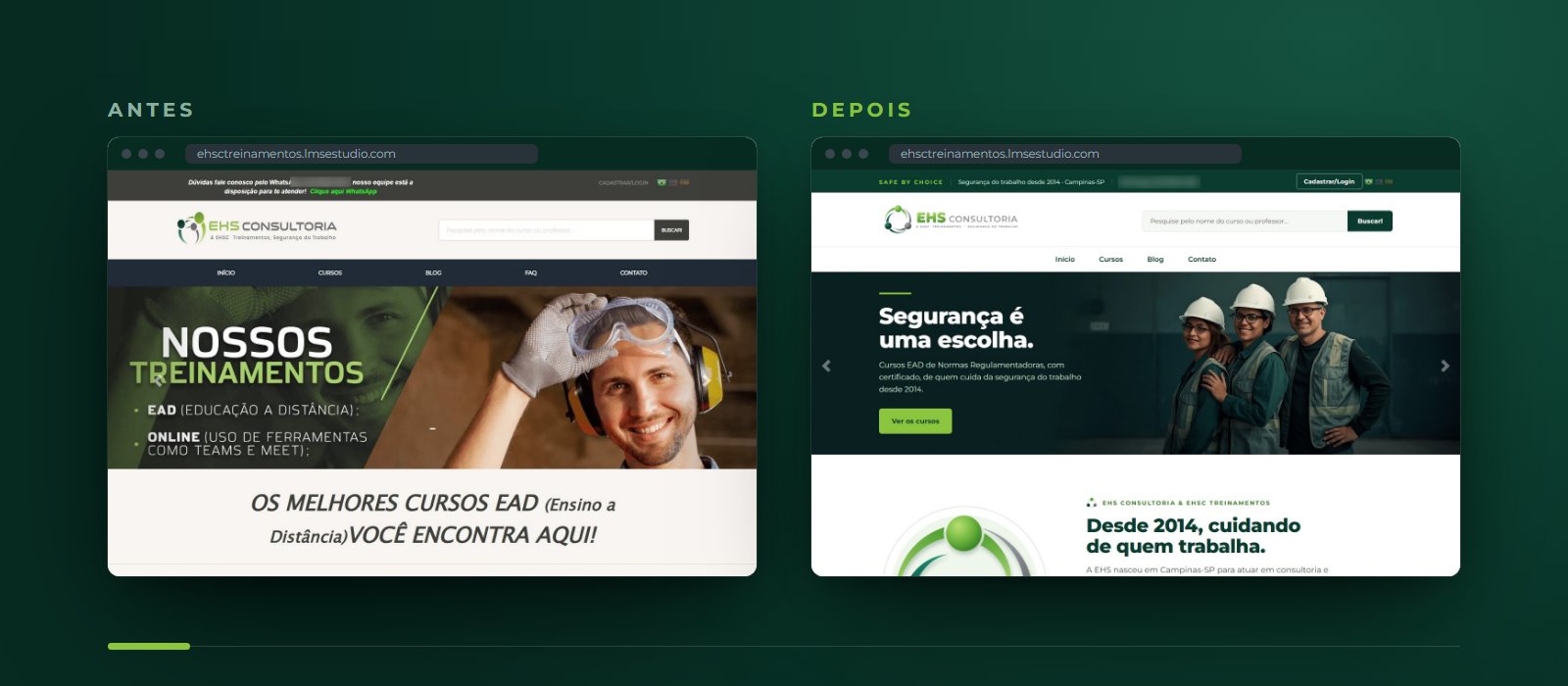 O topo do portal da EHS Consultoria antes e depois, no computador