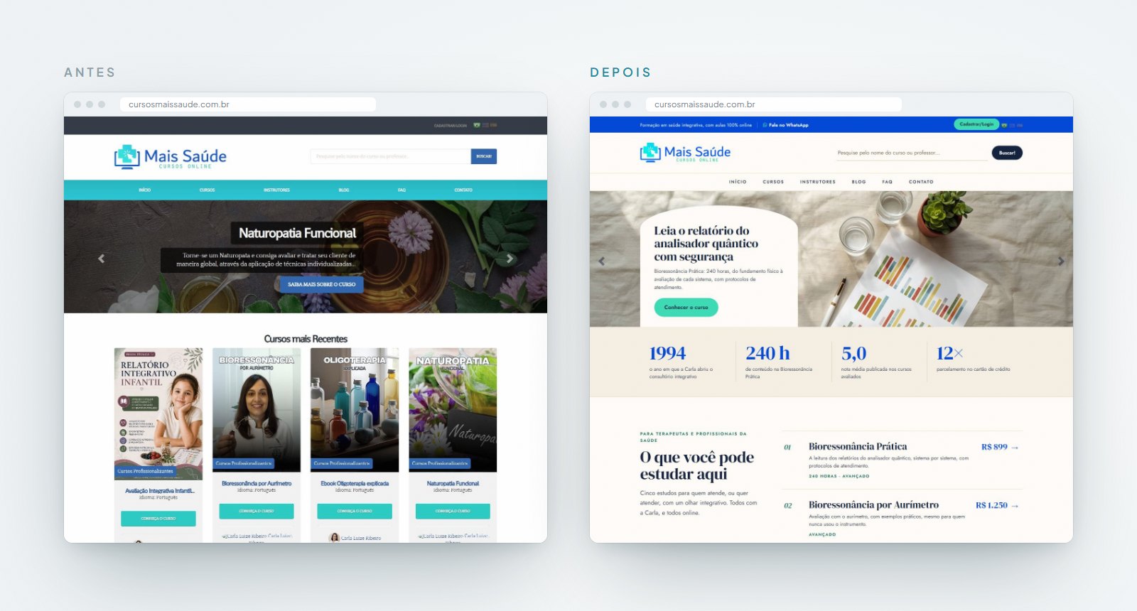 Página inicial do portal da Mais Saúde Cursos antes e depois, no computador