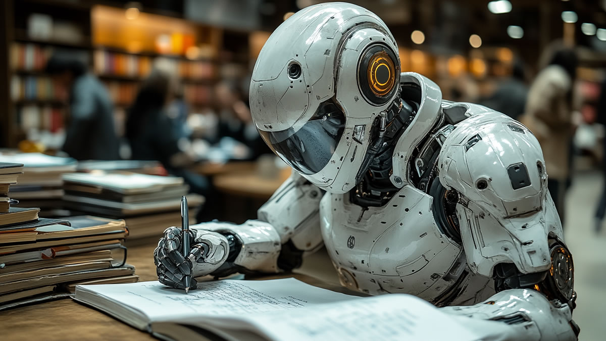 Uma inteligência artificial escrevendo um texto humanizado em uma biblioteca.