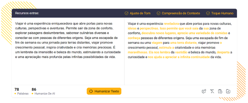 Exemplo de como a ferramenta humaniza o texto funciona.