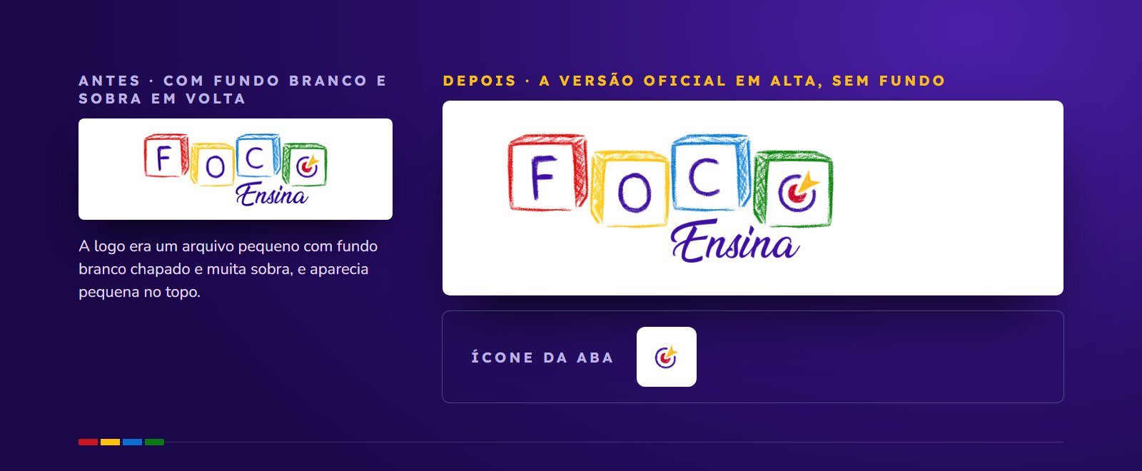 A logo da FocoEnsina antes, com fundo branco, e a versão oficial em alta, com o ícone da aba