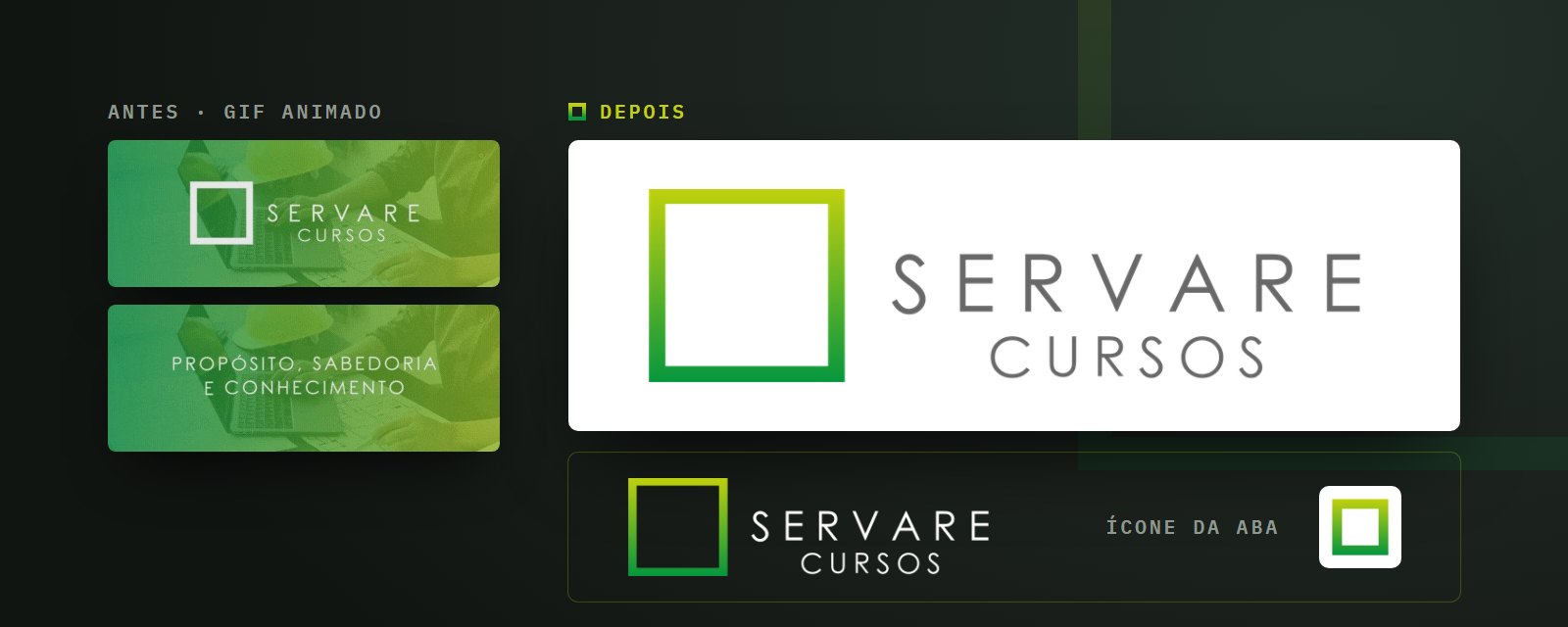 O GIF animado que ocupava o lugar da logo e a logo oficial da Servare, com o ícone da aba