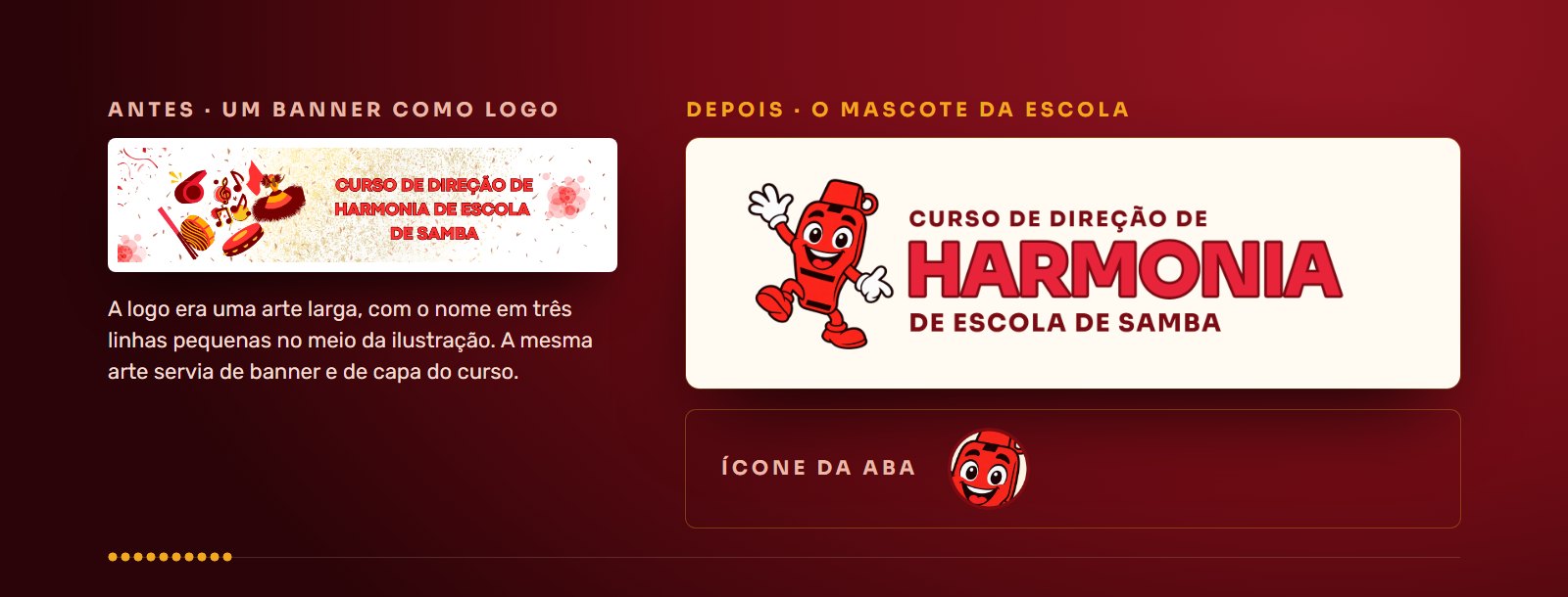 A logo antiga do Curso de Harmonia, um banner largo, e a logo nova com o mascote do apito