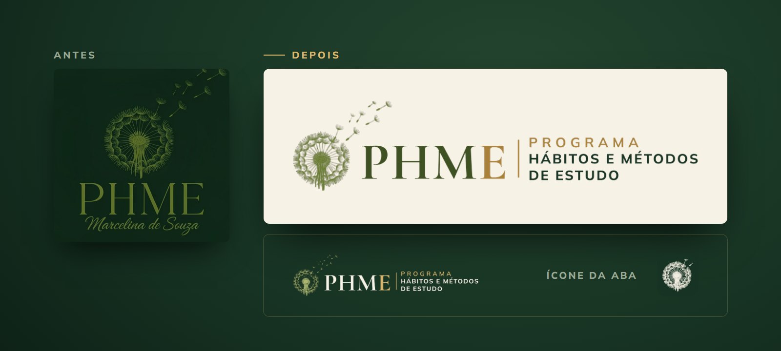 Logo antiga do PHME e a logo nova, horizontal, com o ícone da aba